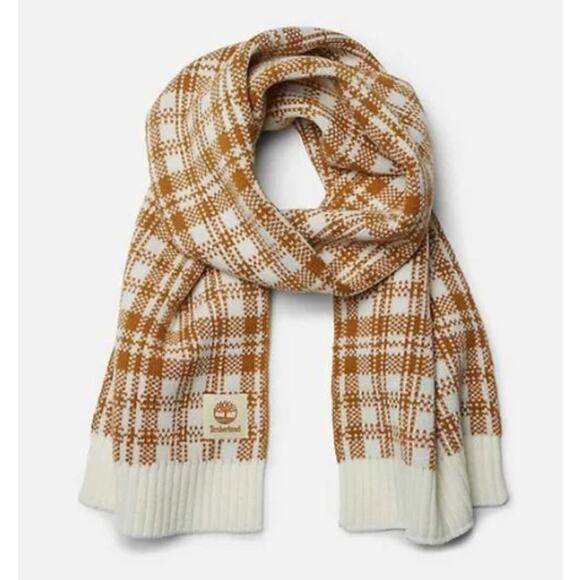 Timberland Buffalo Plaid Scarf Tan & Cream White Knit Acrylic New in package - Picture 1 of 6